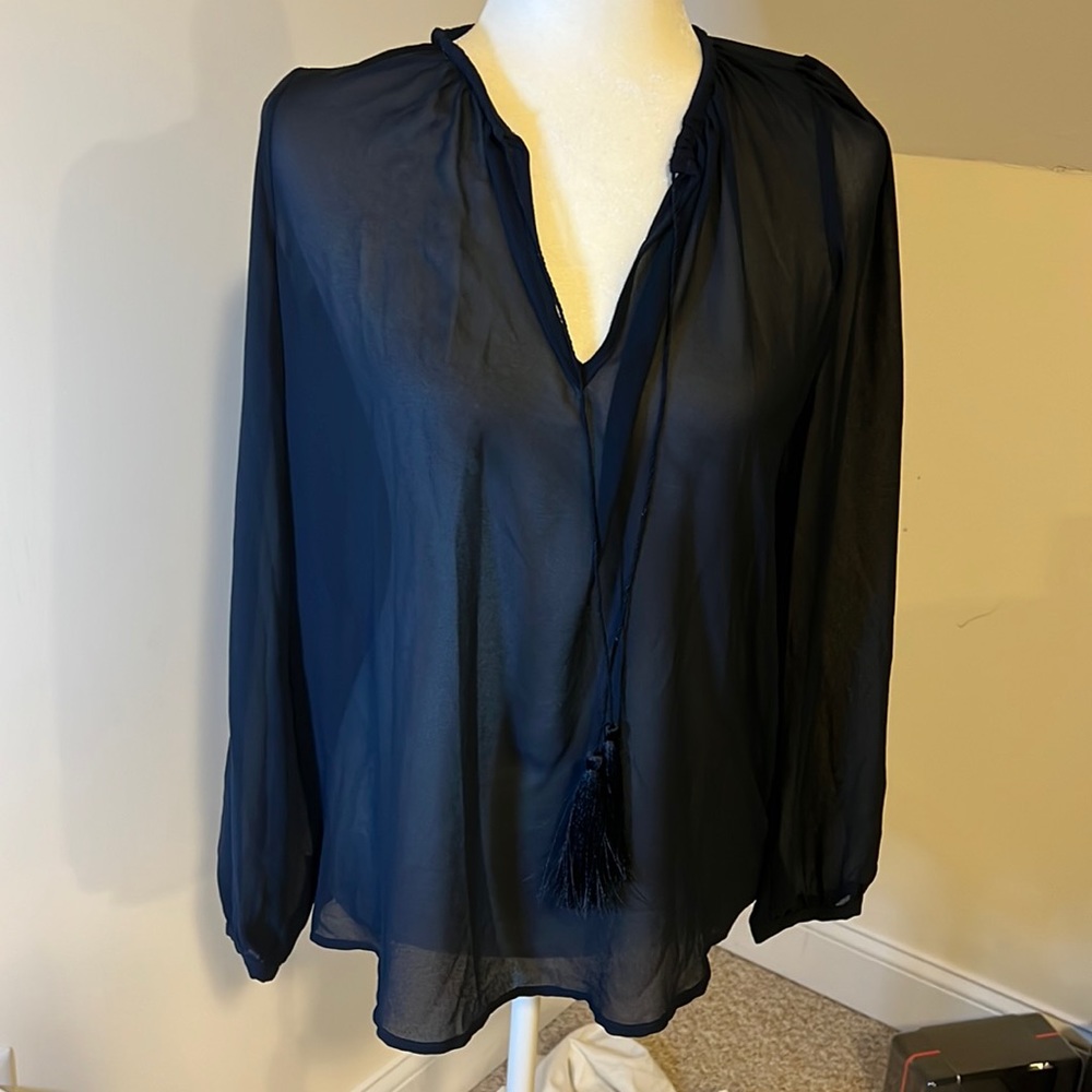 NWT Beautiful Michael Kors navy sheer top with front tassels XS